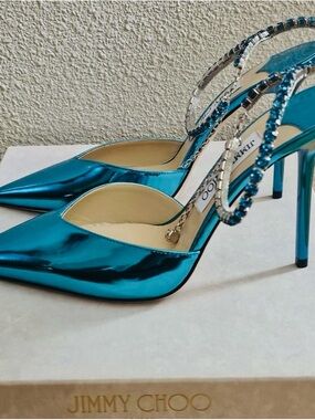 Jimmy Choo Saeda Crystal Ankle Strap Stilettos in Malibu Mix Authentic